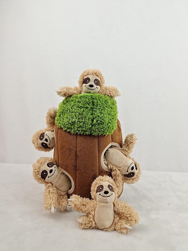 Sloth in Tree Hide and Seek Dog Toy for Small and Medium Size Dogs, Plush Sloth Inside Trunk Dog Toy with Squeaker, Interactive Burrow Dog Toy (Tree with Sloths, Large) - PAWPICO