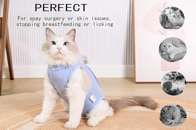 Cat Recovery Suit Female Kitten Cat Onesie for Cats After Surgery Female Spay Surgical Abdominal Wound Skin Diseases Cone Collar Soft Alternative Wear (Blue, S) Acoutpet