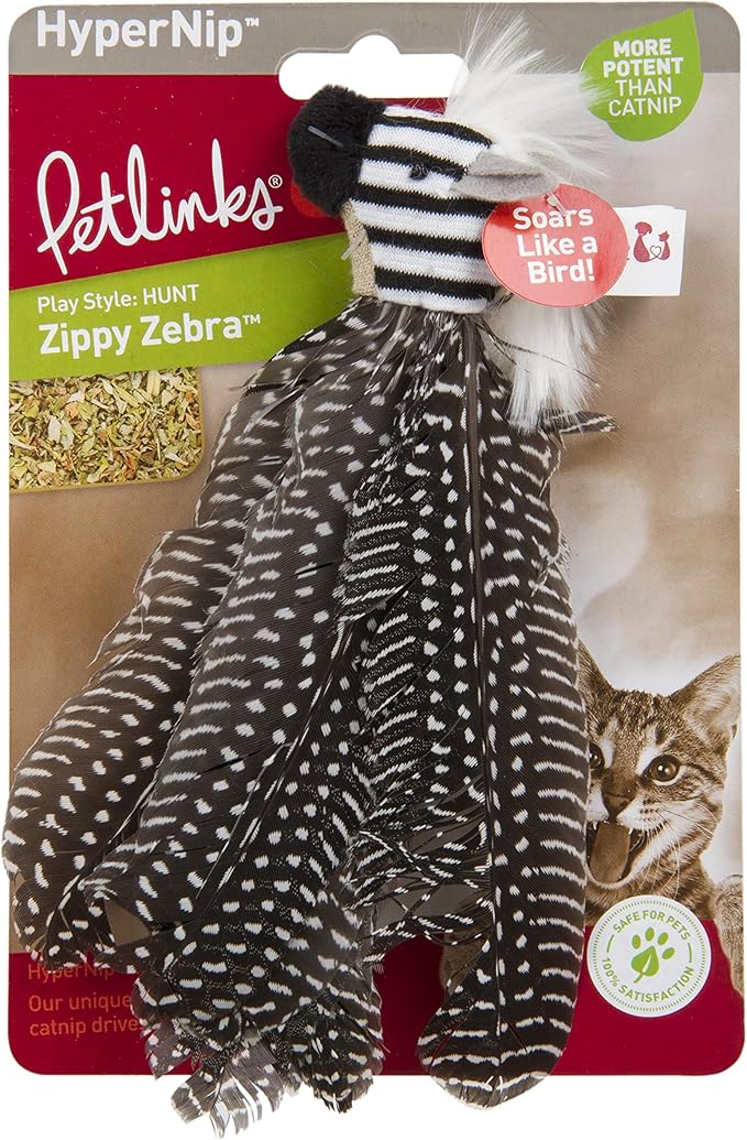 Petlinks HappyNip Zippy Zebra Feather Cat Toy, Contains Silvervine & Catnip - Black/White, One Size - PAWPICO