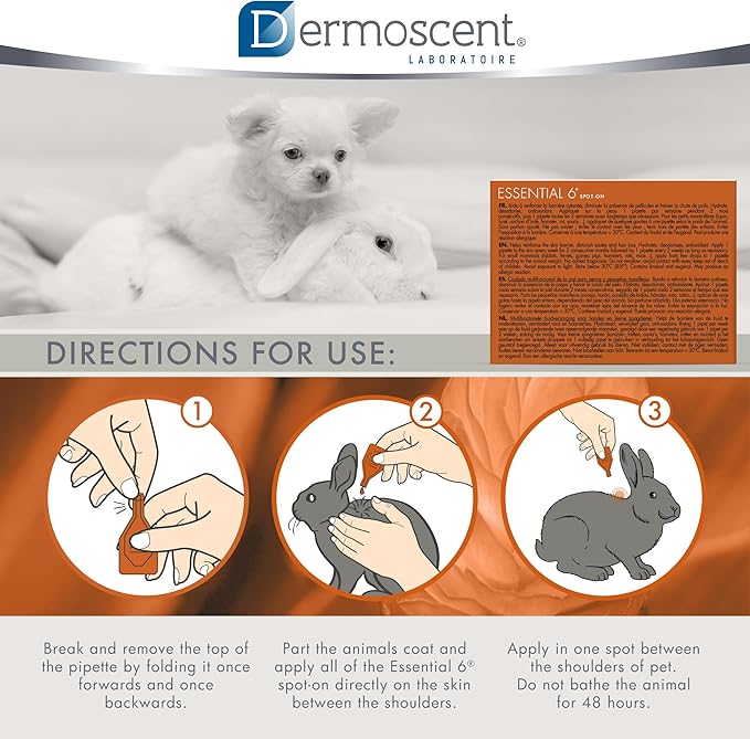 Dermoscent Essential 6 spot-on - Dog Skin Care for Dandruff & Allergy Relief with Vitamin E Oil - Anti Itch for Dogs - Dog & Small Mammals 0-10 kg - 4 Pipettes of 0.6 ml Dermoscent