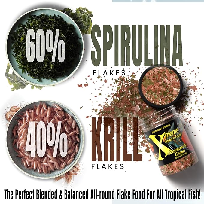 Xtreme Community Crave Flake - Krill & Spirulina Blend for Vibrant Colors, Immune Support and Digestive Health, Tropical & Freshwater Fish Nutrition – Premium Community Aquarium Food (1oz) XtremeAquaticFoods