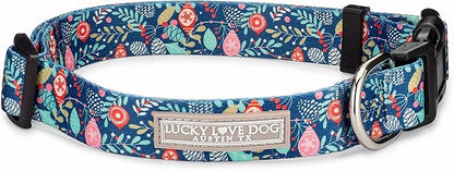 Lucky Love Dog, Blue Winter Pinecones Dog Collar, Vivid Winter Ornaments Dog Collar for Girl or Boy Dogs - (Medium, SweetHoliday Collar) LuckyLoveDog