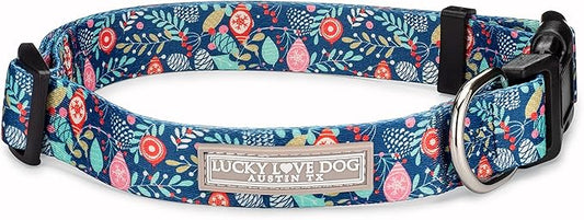 Lucky Love Dog, Blue Winter Pinecones Dog Collar, Vivid Winter Ornaments Dog Collar for Girl or Boy Dogs - (Medium, SweetHoliday Collar) LuckyLoveDog