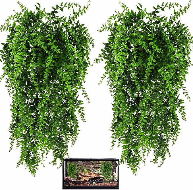 HERCOCCI 2 Pack Reptile Plants, Terrarium Hanging Plants Vines Artificial Leaves Habitat Decorations with Suction Cup for Bearded Dragon Hermit Crab Lizard Snake Geckos Chameleon HERCOCCI