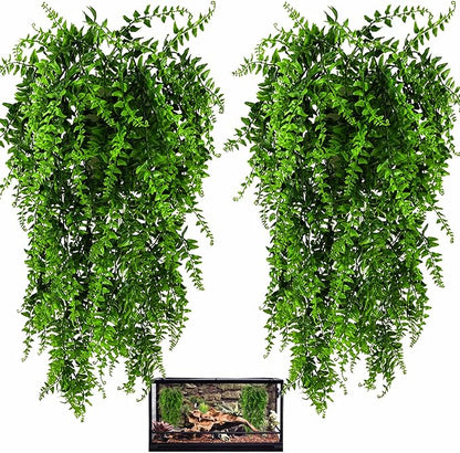 HERCOCCI 2 Pack Reptile Plants, Terrarium Hanging Plants Vines Artificial Leaves Habitat Decorations with Suction Cup for Bearded Dragon Hermit Crab Lizard Snake Geckos Chameleon HERCOCCI