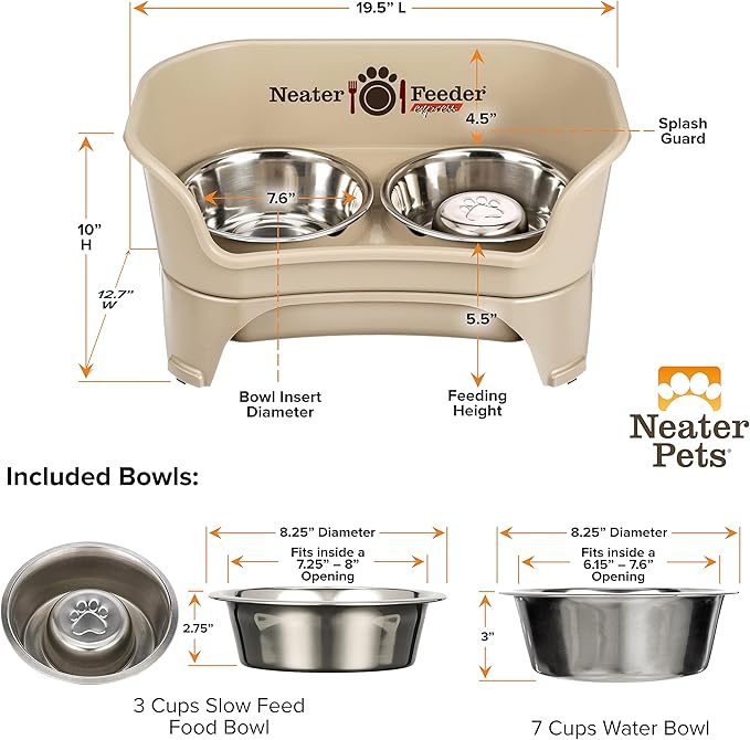 Neater Feeder - Express Model w/ Slow Feed Bowl - Mess-Proof Dog Bowls (M/L, Almond) Made in USA – Elevated, No Spill, Non-Tip, Non-Slip, Raised Stainless Steel Food/Water Pet Bowls Aid Digestion - PAWPICO