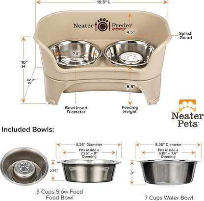 Neater Feeder - Express Model w/ Slow Feed Bowl - Mess-Proof Dog Bowls (M/L, Almond) Made in USA – Elevated, No Spill, Non-Tip, Non-Slip, Raised Stainless Steel Food/Water Pet Bowls Aid Digestion - PAWPICO