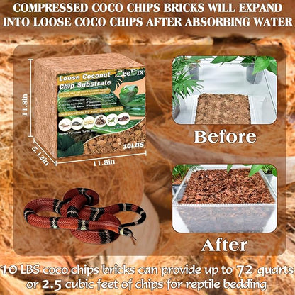 ZeeDix 10LB Coco Fiber Chips Substrate for Reptiles, 72 Quart Coconut Fiber Husk Substrate Mulch Coco Chips Bricks Reptiles Bedding for Geckos, Lizards, Tortoises, Ball Python, Frogs ZeeDix