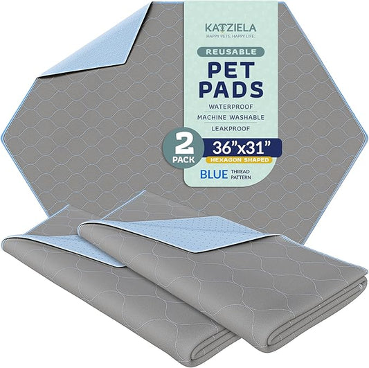 Katziela Washable Pet Pads - (2 Pack 36In x 31In Hexagon) Super Absorbent Waterproof Reusable Dog Pee Pads for Dogs, Washable Puppy Pads for Potty Training, Housebreaking Washable Pee Pads for Dogs - PAWPICO