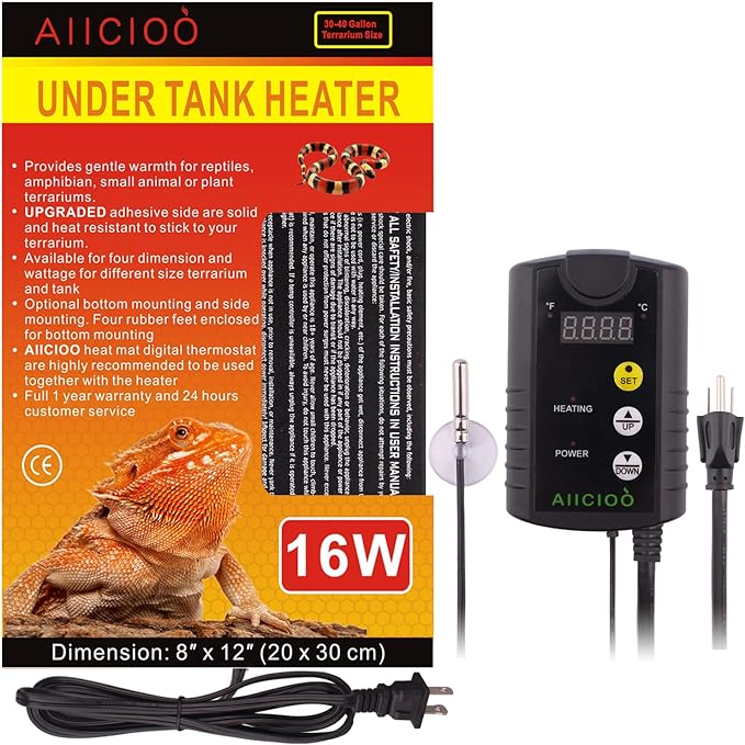 Aiicioo Under Tank Heater Thermostat - Reptile Heating Pad with Temperature Control Reptile Heat Mat for Combo Set for Hermit Crab Lizard Terrarium 16W AIICIOO