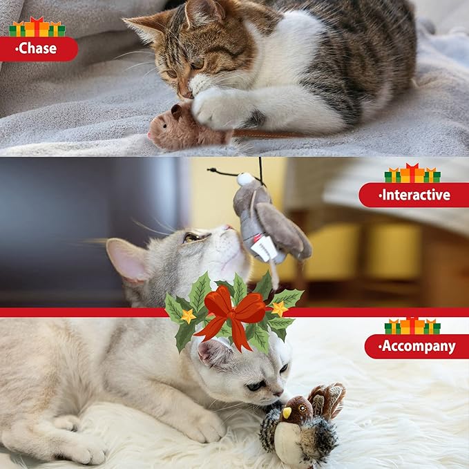 Gigwi Interactive Cat Toy Set, Squeaky Cat Feather Toys for Indoor Cats, 3PCS Cat Plush Toy Pack Including Mouse Hunt Cat Toy, Cat Chase Bird Toy, Cat Chirping Cricket Toy - PAWPICO