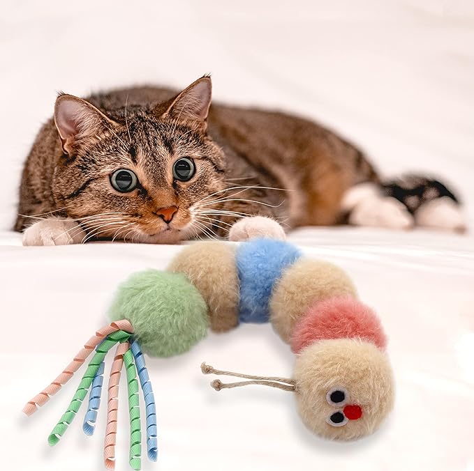 Interactive Natural Catnip Kicker, with Rattle and Ribbon, Bite Resistant, for All Ages Indoor Cat, Soft Caterpillar Kicker, Fluffy Kitten Toy - PAWPICO