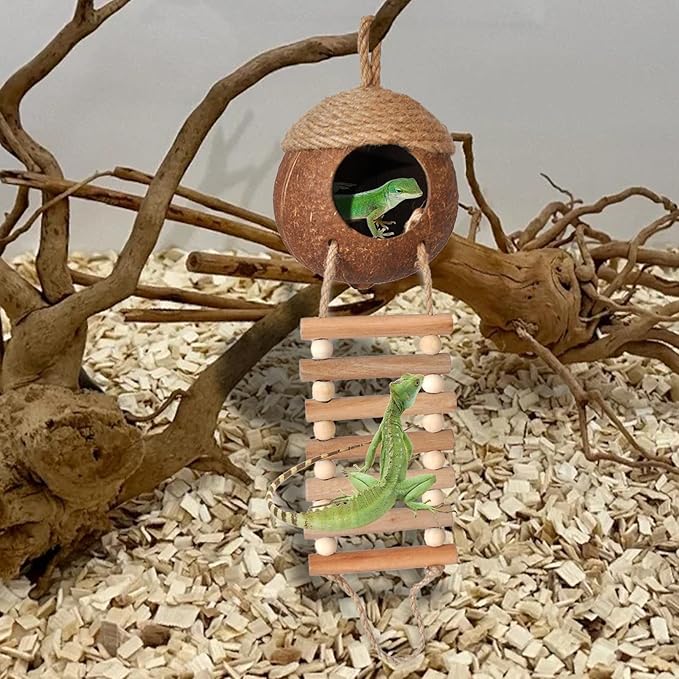 Lizard Coco Den with Ladder,Leopard Gecko Coconut Husk Hut Hideout Home Reptile Hammock Climbing Hanging Plants Decor Habitat Tank Accessories for Bearded Dragon Chameleon Snake Hermit Crab MUYG