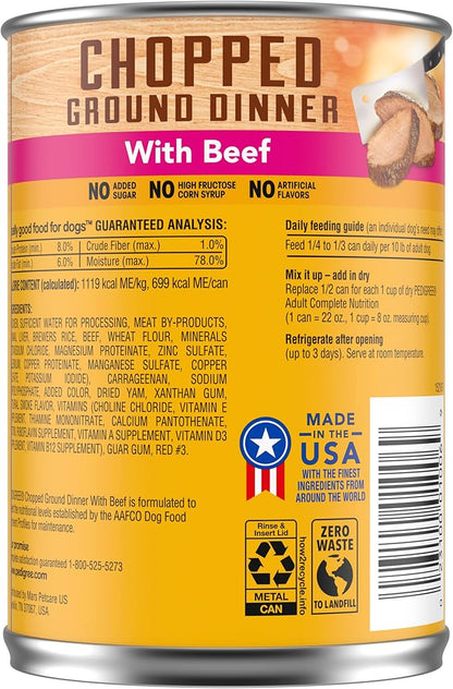 PEDIGREE CHOPPED GROUND DINNER Adult Canned Soft Wet Dog Food with Beef, 22 oz. Cans (Pack of 12) - PAWPICO