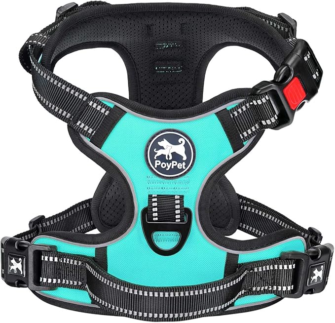 PoyPet No Pull Dog Harness, No Choke Front Lead Dog Reflective Harness, Adjustable Soft Padded Pet Vest with Easy Control Handle for Small to Large Dogs(Mint Blue,S) PoyPet