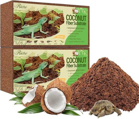 Riare 2 Pack Natural Coconut Fiber Substrate for Reptile- Premium Compressed Coconut Husk Terrarium Bedding for Reptile, Tortoise, Frogs, Snakes Hermit Crabs, Burrowing Animals Riare