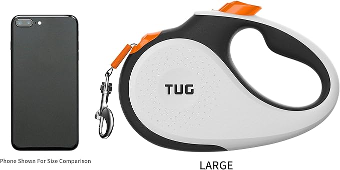 TUG 360° Tangle-Free Retractable Dog Leash with Anti-Slip Handle | 16 ft Strong Nylon Tape | One-Handed Brake, Pause, Lock (Large, White/Orange) TUG