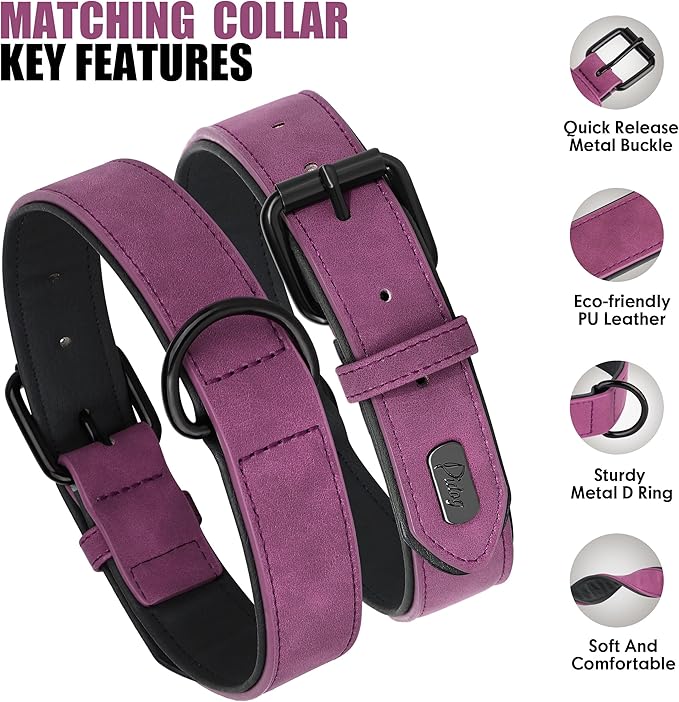 Didog Soft Padded Leather Dog Collar and Leash Set, Heavy Duty Dog Leash and Collar Set with Metal Buckle, Breathable Dog Collars with 4FT Leather Dog Leash for Small Medium Large Dogs, Purple, L Didog