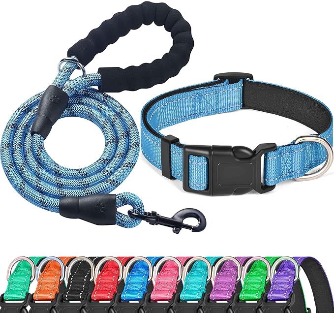 Reflective Dog Collar Padded with Soft Neoprene Breathable Adjustable Nylon Dog Collars for Small Medium Large Dogs (Medium (Pack of 1), Vivid Blue Collar+Leash) ladoogo