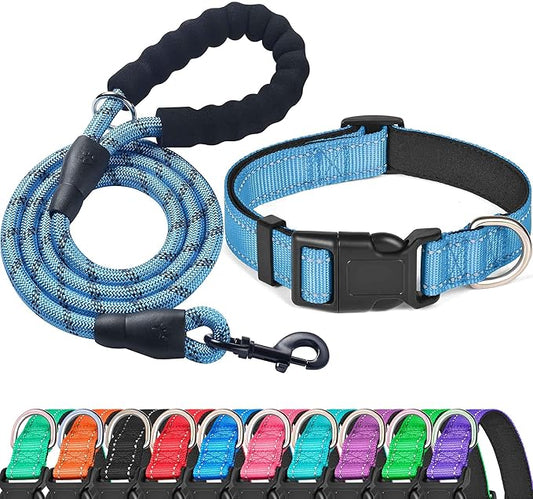 Reflective Dog Collar Padded with Soft Neoprene Breathable Adjustable Nylon Dog Collars for Small Medium Large Dogs (Medium (Pack of 1), Vivid Blue Collar+Leash) ladoogo