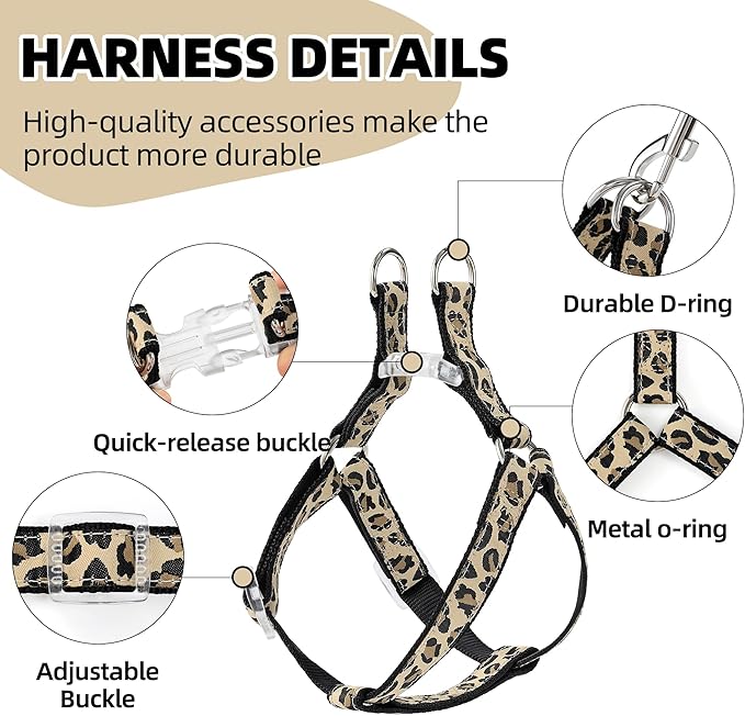 Mile High Life Leopard Dog Harness Collar Leash Set | Adjustable No Pull Dog Halter Harness for Small Breed Dogs | Easy Control for Training Walking | Black, Small MileHighLife