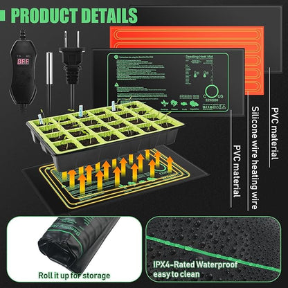 ROCEEI 2 Pack Seedling Heat Mat, 10 x 20.75 Inch Waterproof Seedling Heating Pad with Digital Thermostat Controller for Germination, Hydroponics, Brewing, Breeding, Indoor Gardening and Greenhouse ROCEEI