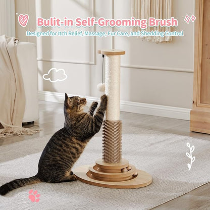 Made4Pets Cat Scratching Post, 23" Tall Sisal Cat Scratcher Post with Cat Self Groomer, 4-in-1 Interactive Trackball Toys with Cat Hair Brush, Vertical Cat Climbing Tree with Dangling Plush Balls - PAWPICO