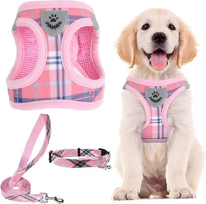 PUPTECK Adjustable Dog Harness Collar and Leash Set Step in No Pull Pet Harness for Small Medium Dogs Puppy and Cats Outdoor Walking Running, Soft Mesh Padded Reflective Vest Harnesses, Pink XL PUPTECK