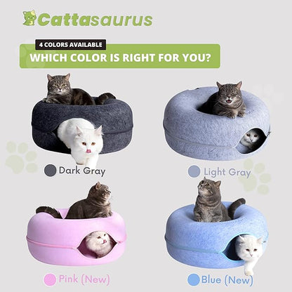 CATTASAURUS Peekaboo Cat Cave for Multiple & Large Cats Up to 30-45 Lbs, Scratch Detachable & Washable Tunnel Bed, Comfy Donut Cat Cave (Pink, Large) - PAWPICO