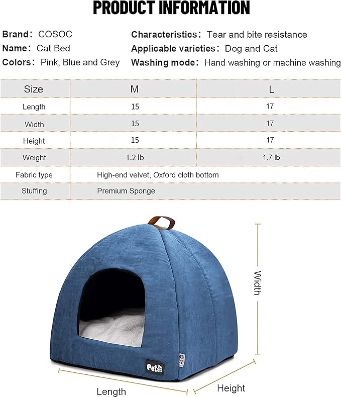 Cat Bed for Indoor Cats -Premium Pet Beds for Cats and Small Dogs, Cat Bed Cave, Comfortable Covered Cat Bed, Cat Tent, Kitten Bed, Small Animal Bed and Cat Hut with Cushioned Pillow (Large, Blue) - PAWPICO
