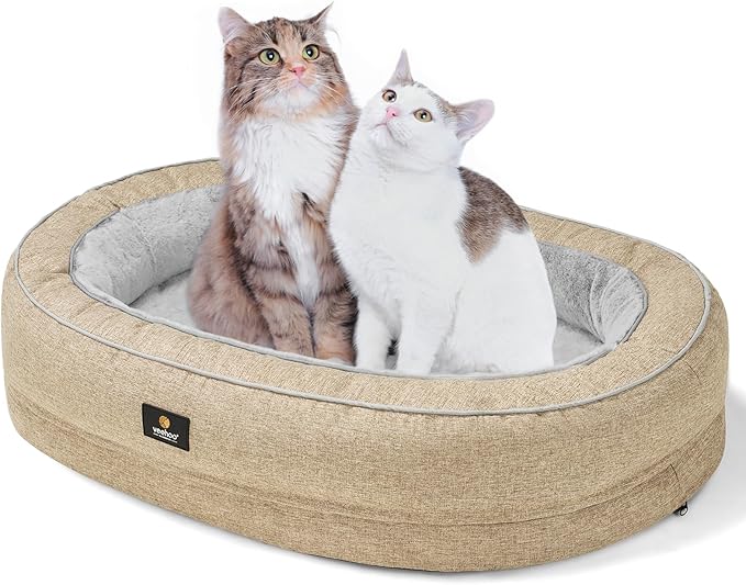Veehoo Orthopedic Cat Bed for Indoor Cats, Oval Washable Cat Bed with Egg Crate Foam Support, Indoor Donut Puppy Cat Bed Bolster Dog Bed with Removable Cover & Non-Slip Bottom, Beige Coffee - PAWPICO