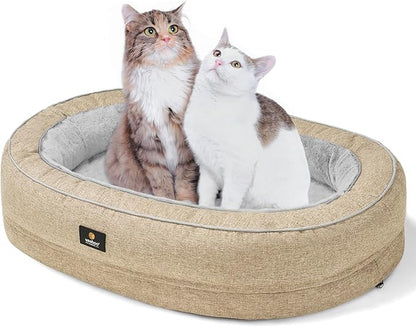 Veehoo Orthopedic Cat Bed for Indoor Cats, Oval Washable Cat Bed with Egg Crate Foam Support, Indoor Donut Puppy Cat Bed Bolster Dog Bed with Removable Cover & Non-Slip Bottom, Beige Coffee - PAWPICO