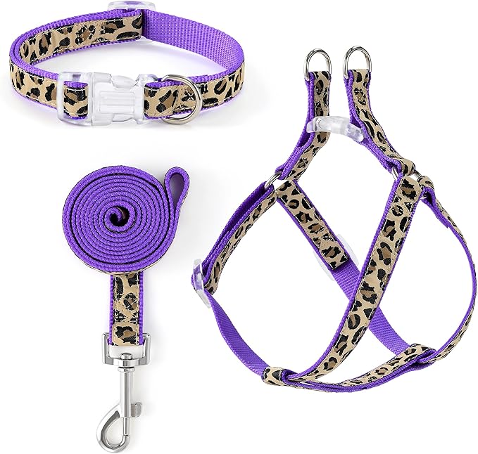 Mile High Life Leopard Dog Harness Collar Leash Set | Adjustable No Pull Dog Halter Harness for Small Breed Dogs | Easy Control for Training Walking | Purple, X-Small MileHighLife