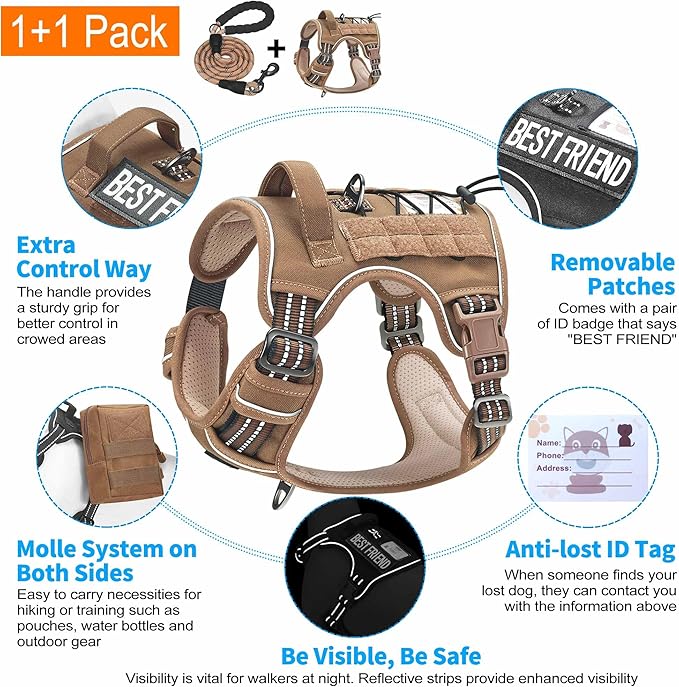 Heavy Duty Tactical Dog Harness for Small Dogs, No Pull Adjustable Pet Harness Reflective Service Training Easy Control Pet Vest Military K9 Working Dog Harnesses- Small, Brown Beebielove