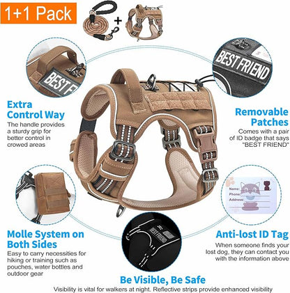 Heavy Duty Tactical Dog Harness for Small Dogs, No Pull Adjustable Pet Harness Reflective Service Training Easy Control Pet Vest Military K9 Working Dog Harnesses- Small, Brown Beebielove