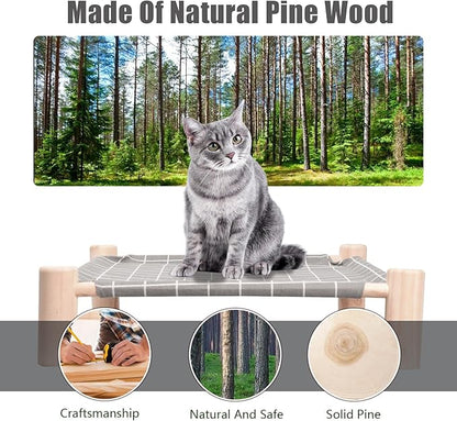 Cat Bed and Cat Hammock Bed, Small Dog Wooden Elevated Cat Bed, Pine Wood, Breathable Outdoor Cat Bed for All Seasons, Elevated Pet Sleeping for Indoor, Cat Cots Furniture Pet Bed Bunny Bed(Gray Grid) - PAWPICO