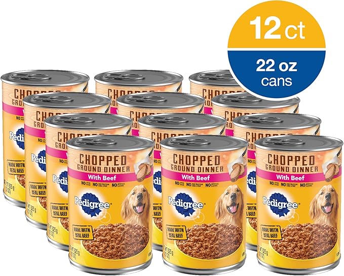 PEDIGREE CHOPPED GROUND DINNER Adult Canned Soft Wet Dog Food with Beef, 22 oz. Cans (Pack of 12) - PAWPICO