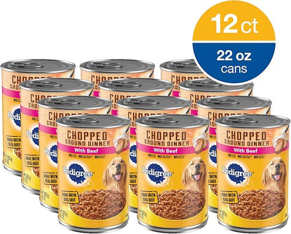 PEDIGREE CHOPPED GROUND DINNER Adult Canned Soft Wet Dog Food with Beef, 22 oz. Cans (Pack of 12) - PAWPICO