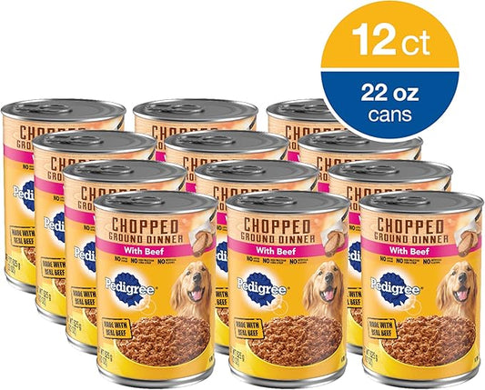 PEDIGREE CHOPPED GROUND DINNER Adult Canned Soft Wet Dog Food with Beef, 22 oz. Cans (Pack of 12) - PAWPICO
