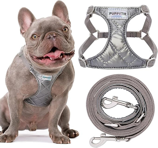 Puppytie No Pull Dog Harness with Multifunction Dog Leash,Soft Adjustable No Choke Escape Proof Pet Harness Vest for Medium Dogs,Glossy Grey,M Puppytie