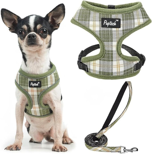 PUPTECK Soft Mesh Dog Harness and Leash Set Pet Puppy Cat Comfort Padded Vest No Pull Harnesses, Olive Green, XS PUPTECK