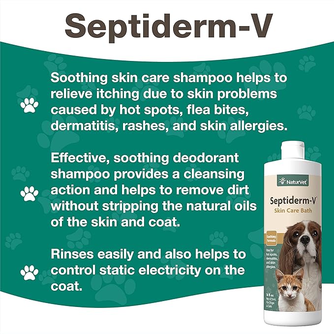 NaturVet Septiderm-V Skin Care Bath Wash for Dogs & Cats – Pet Health, Dog Skin, Itching, Hot Spots – Pet Shampoo, Grooming Aid – 16 Oz. NaturVet