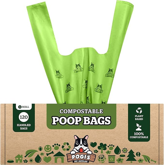 Pogi's Compostable Dog Poop Bags with Handles - 120 Doggie Poop Bags with Easy-Tie Handles - Leak-Proof Dog Waste Bags, Plant-Based, ASTM D6400, EN 13432 Certified Extra Large Poop Bags for Dogs - PAWPICO