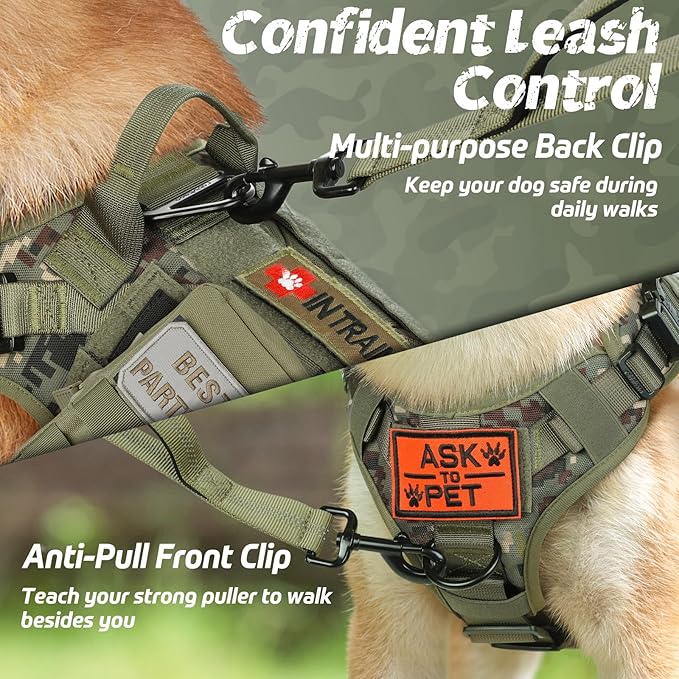 rabbitgoo Tactical Dog Harness Medium Sized, Heavy Duty Pet Harness with Handle, No-Pull Service Vest Medium Breed, Adjustable Military Dog Vest for Training Hunting Walking, Green Camo, M rabbitgoo