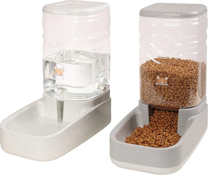 ELEVON Automatic Dog Cat Gravity Food and Water Dispenser Set with Pet Food Bowl for Small Large Pets Puppy Kitten Rabbit Large Capacity(White & Gray, 3.8L) - PAWPICO