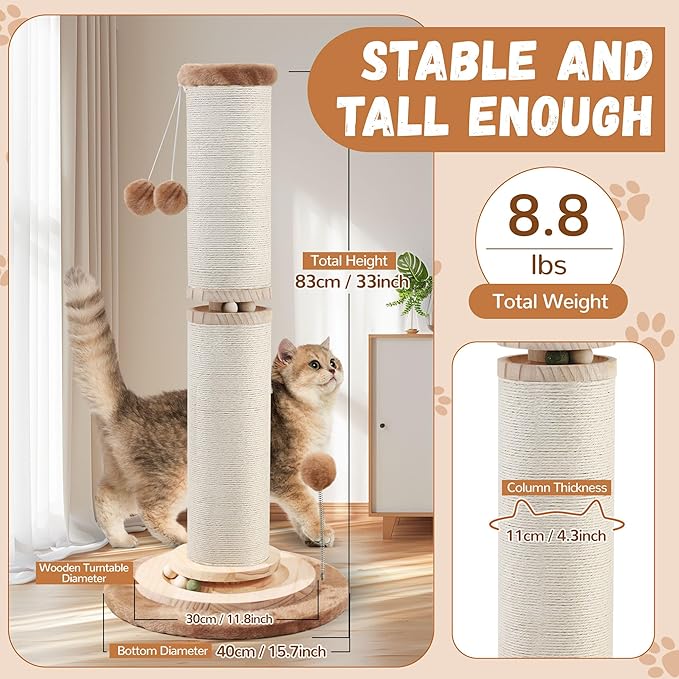 OTOB 32" Tall Cat Scratching Post, 4.3Inch Large Diameter Natural Sisal Rope Scratcher Post for Indoor Large Cats Kittens, 5-in-1 Interactive Turntable Cat Scratch Post (Brown, B-33Inch) - PAWPICO