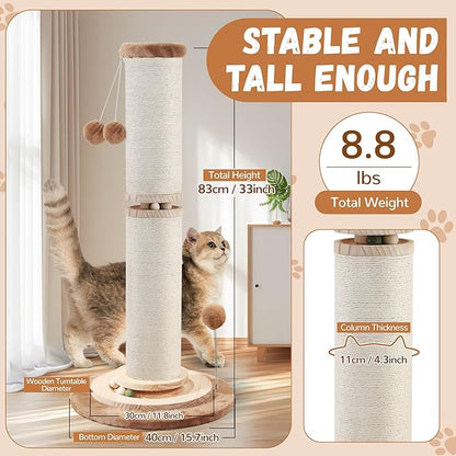 OTOB 32" Tall Cat Scratching Post, 4.3Inch Large Diameter Natural Sisal Rope Scratcher Post for Indoor Large Cats Kittens, 5-in-1 Interactive Turntable Cat Scratch Post (Brown, B-33Inch) - PAWPICO