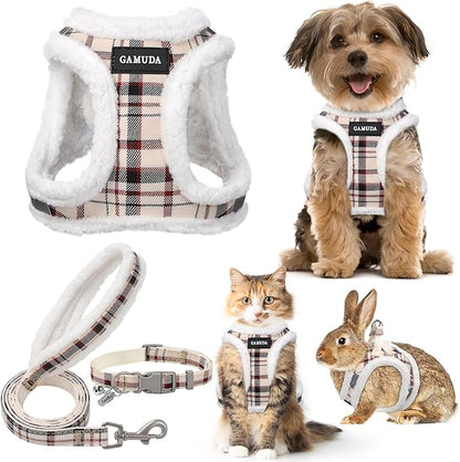 GAMUDA Small Dog Harness Collar and Leash Set, Step in No Chock No Pull Soft Mesh Adjustable Dog Vest Harnesses Plaid Reflective for Dogs Puppy Cats Kitten Rabbit (Warm Beige, XXS) GAMUDACollarsCollection