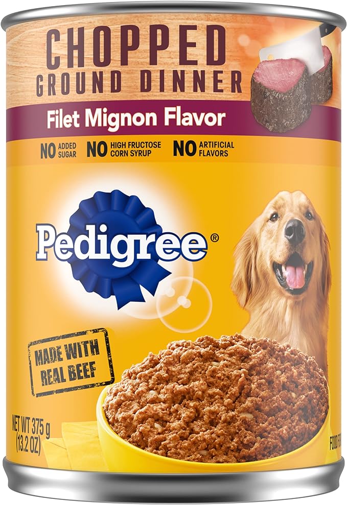 PEDIGREE CHOPPED GROUND DINNER Adult Canned Soft Wet Dog Food, Filet Mignon Flavor, 13.2 oz. Cans (Pack of 12) - PAWPICO