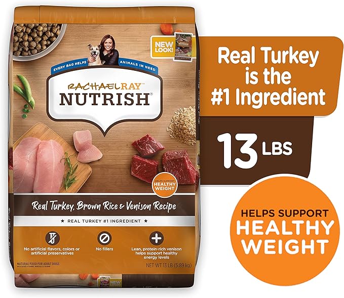 Rachael Ray Nutrish Dry Dog Food, Turkey, Brown Rice & Venison Recipe for Weight Management, 13 Pounds - PAWPICO